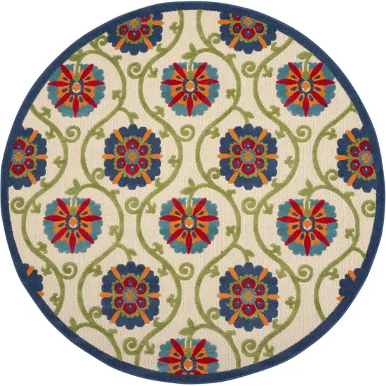 Ivory And Blue Round Floral Indoor Outdoor Area Rug Photo 5