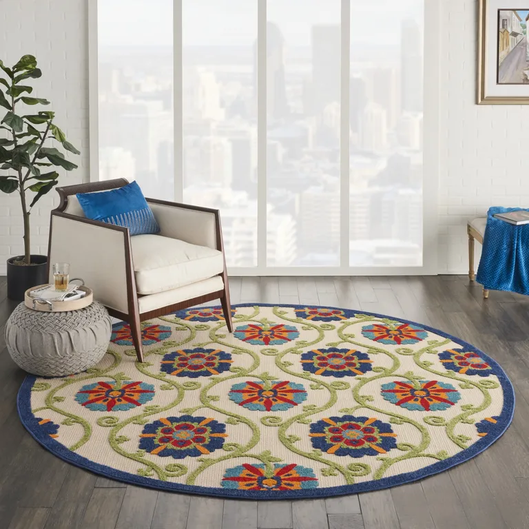 Round Blue Vines Indoor Outdoor Area Rug Photo 5