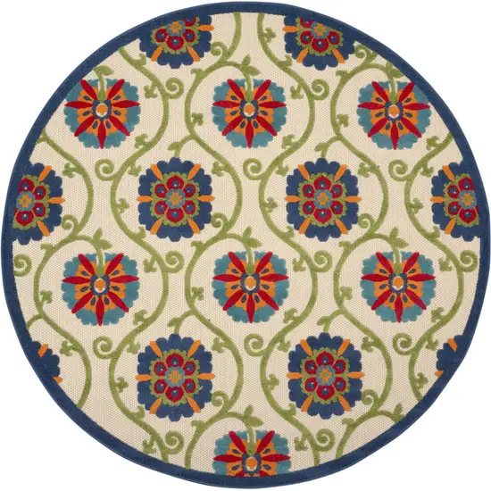 Ivory And Blue Round Floral Indoor Outdoor Area Rug Photo 1