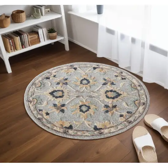 Beige and Blue Round Wool Floral Hand Woven Area Rug Photo 2