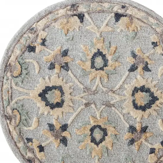 Beige and Blue Round Wool Floral Hand Woven Area Rug Photo 7