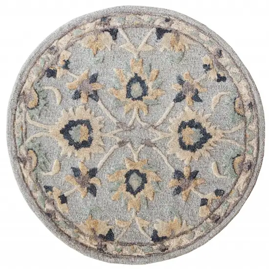 Beige and Blue Round Wool Floral Hand Woven Area Rug Photo 7