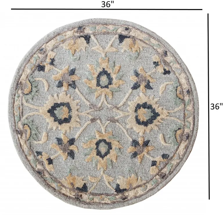 Round Blue and Beige Floral Area Rug Photo 2