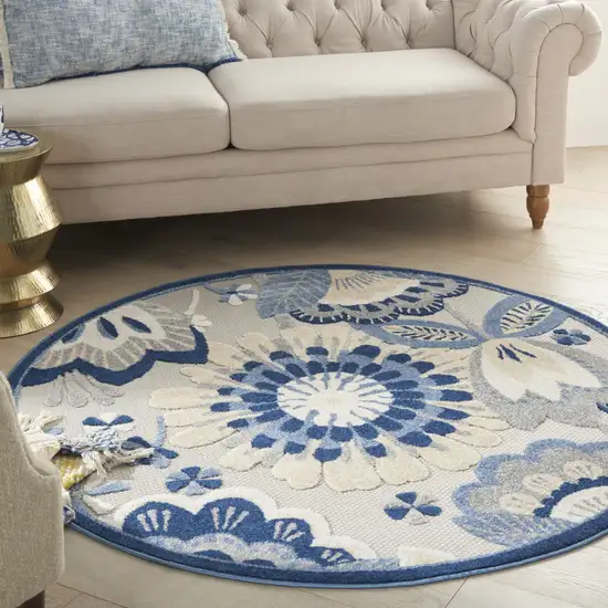 Blue And Gray Round Floral Indoor Outdoor Area Rug Photo 7