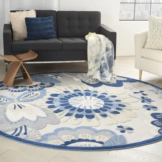 Blue And Gray Round Floral Indoor Outdoor Area Rug Photo 8