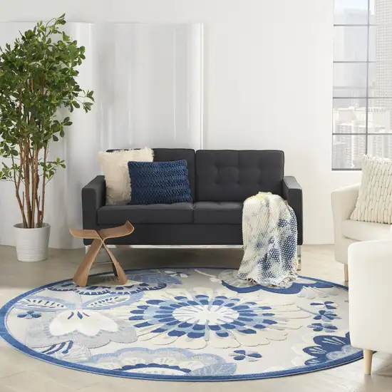 Blue And Gray Round Floral Indoor Outdoor Area Rug Photo 9