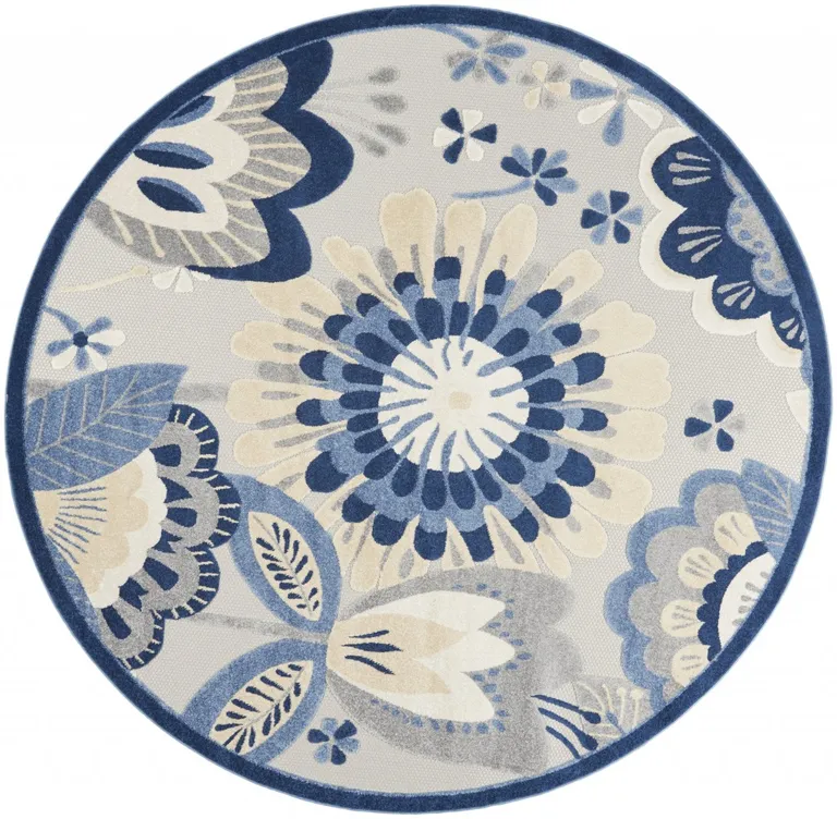 Round Blue and Gray Indoor Outdoor Area Rug Photo 5