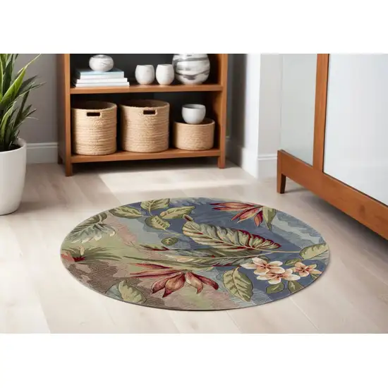 5' Round Blue Or Sage Tropical Leaves Indoor Area Rug Photo 1