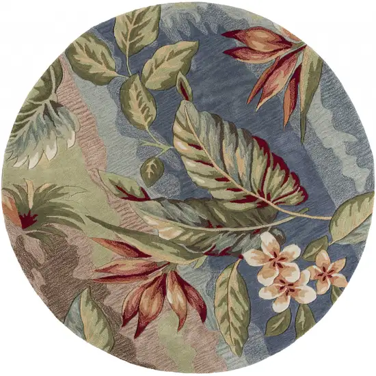 Round Blue or Sage Tropical Leaves Indoor Area Rug Photo 1