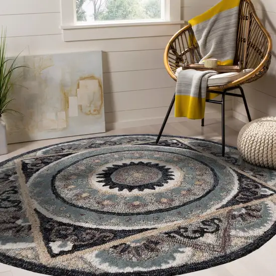 Round Gray Geometric Medallion Area Rug Photo 6