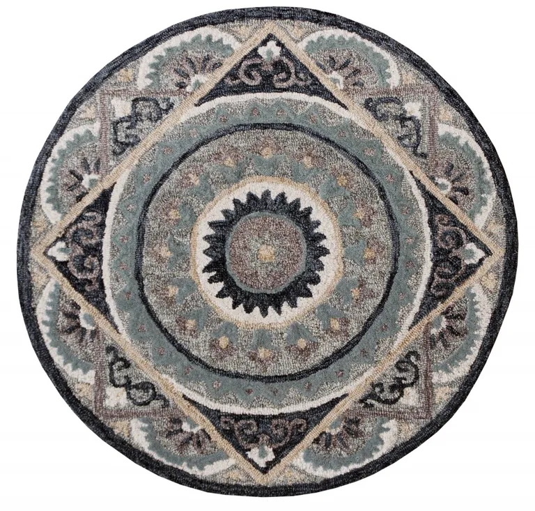 Round Gray Geometric Medallion Area Rug Photo 1