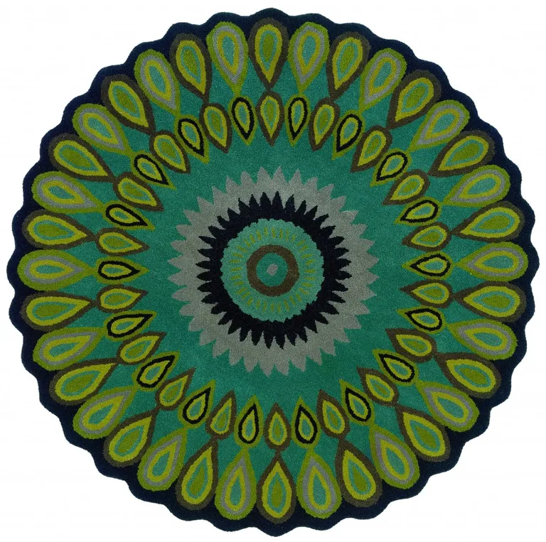 Round Green Peacock Feather Area Rug Photo 1