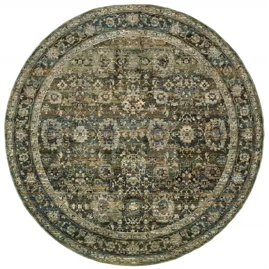 Round Green and Brown Floral Area Rug Photo 1