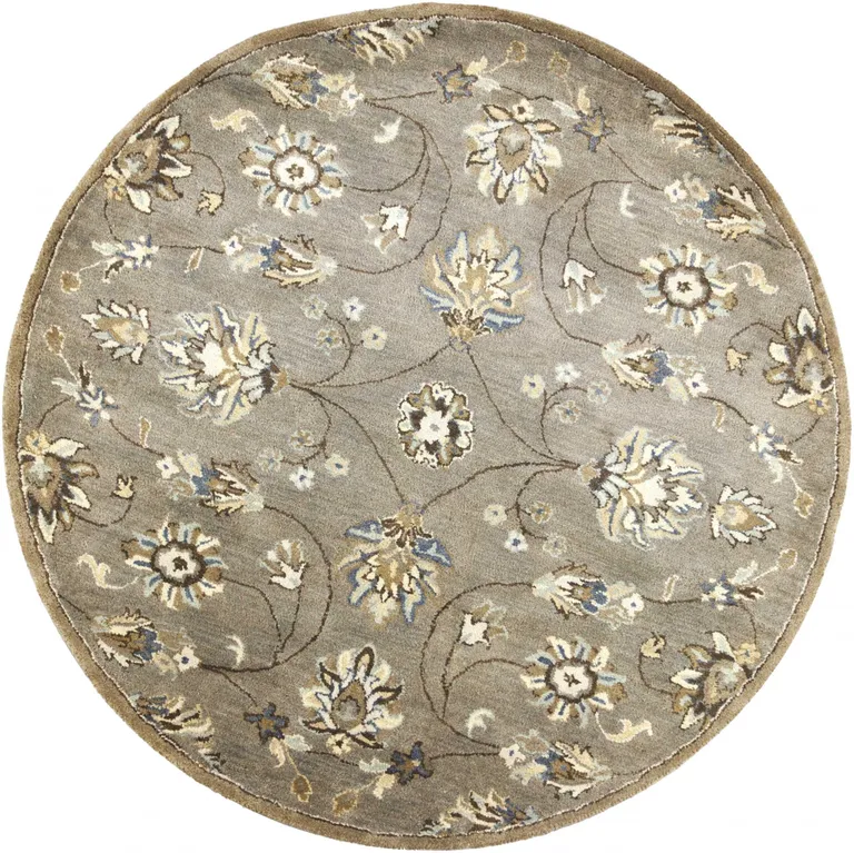 Round Grey Floral Vine Wool Indoor Area Rug Photo 2