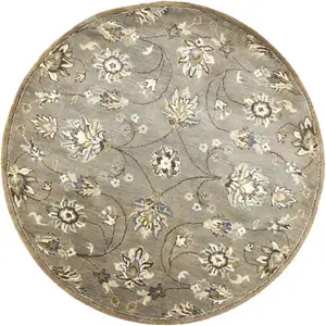 Photo of Round Grey Floral Vine Wool Indoor Area Rug