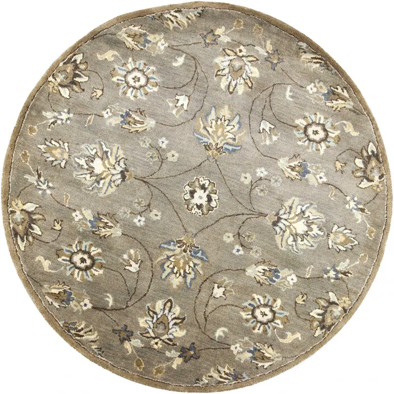 Round Grey Floral Vine Wool Indoor Area Rug Photo 1