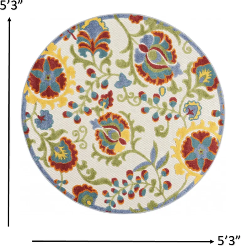 Round Ivory Multi Floral Indoor Outdoor Area Rug Photo 4