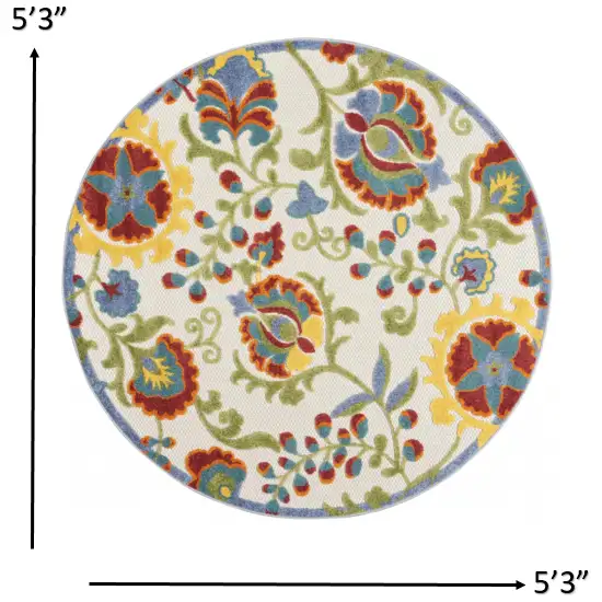 Round Ivory Multi Floral Indoor Outdoor Area Rug Photo 4