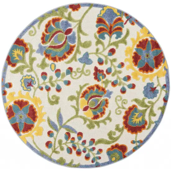 Round Ivory Multi Floral Indoor Outdoor Area Rug Photo 12