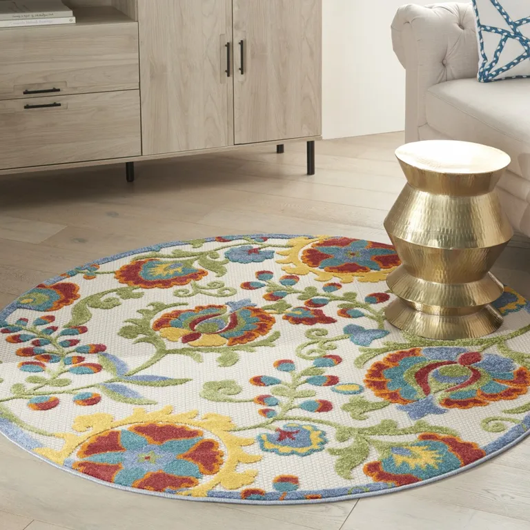 Round Ivory Multi Floral Indoor Outdoor Area Rug Photo 5