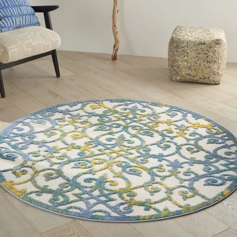 Round Ivory and Blue Indoor Outdoor Area Rug Photo 5