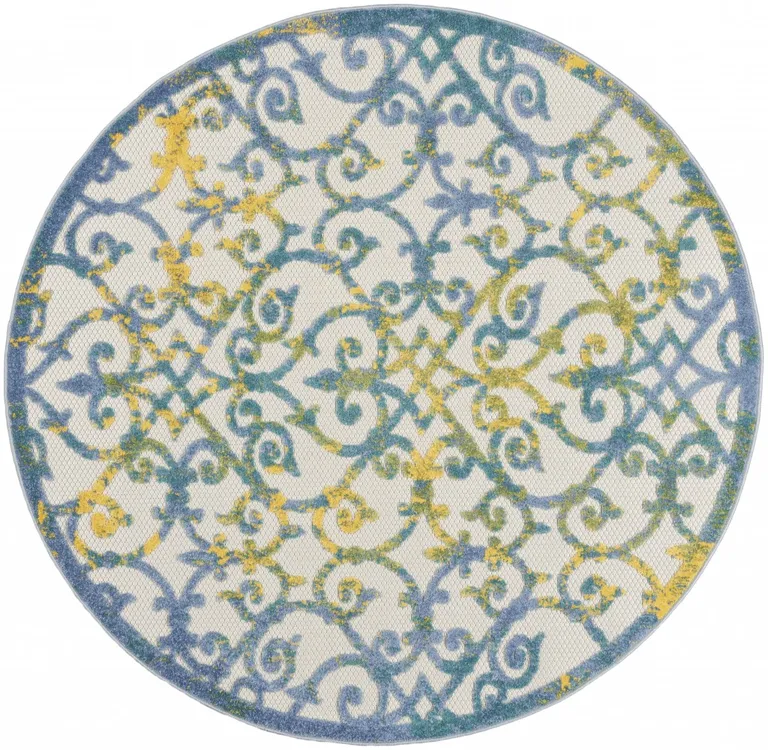 Round Ivory and Blue Indoor Outdoor Area Rug Photo 1