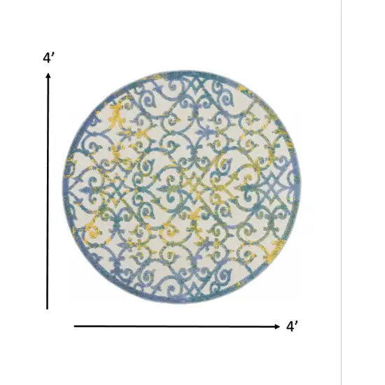 Round Ivory and Blue Indoor Outdoor Area Rug Photo 4