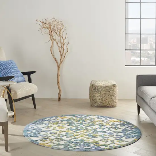 Round Ivory and Blue Indoor Outdoor Area Rug Photo 10