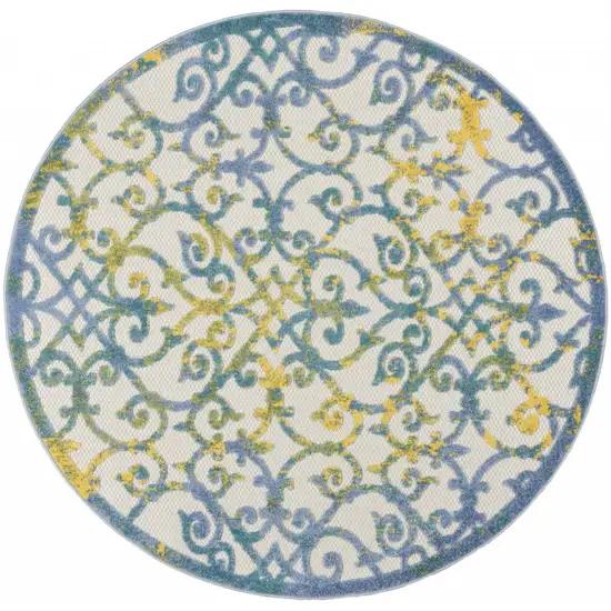 Ivory And Blue Round Floral Indoor Outdoor Area Rug Photo 2