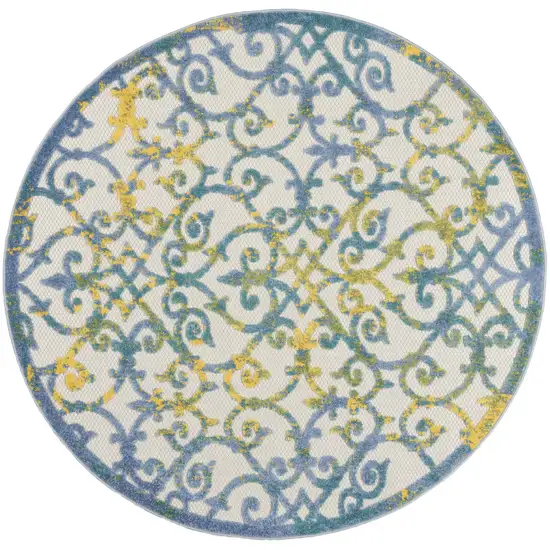 Ivory And Blue Round Floral Indoor Outdoor Area Rug Photo 1