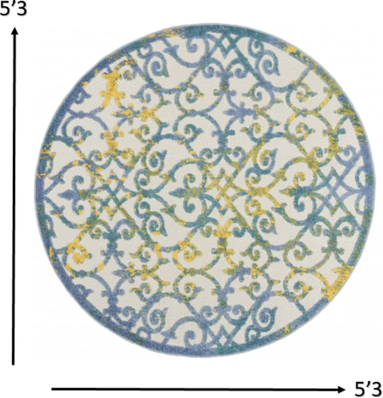 Round Ivory and Blue Indoor Outdoor Area Rug Photo 4