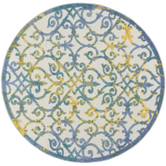 Ivory And Blue Round Floral Indoor Outdoor Area Rug Photo 5