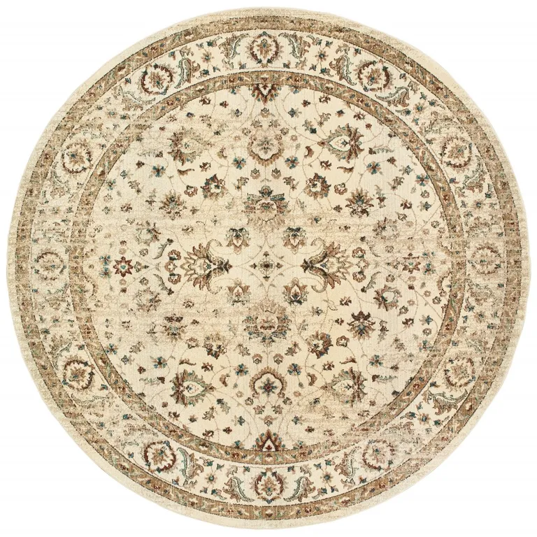 Round Ivory and Gold Distressed Indoor Area Rug Photo 1