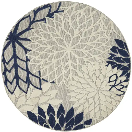 Ivory And Blue Round Floral Indoor Outdoor Area Rug Photo 4