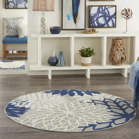 Ivory And Blue Round Floral Indoor Outdoor Area Rug Photo 9