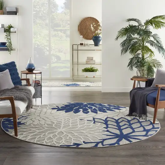 Ivory And Blue Round Floral Indoor Outdoor Area Rug Photo 8