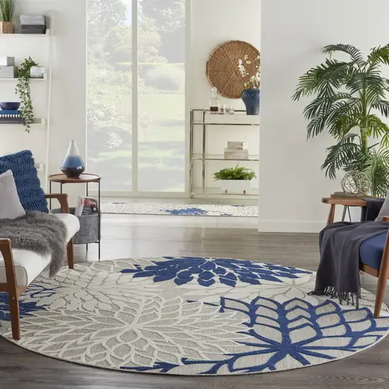 Ivory And Blue Round Floral Indoor Outdoor Area Rug Photo 5