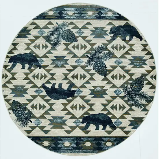 Round Ivory or Blue Geometric Lodge Pattern Indoor Area Rug Photo 3