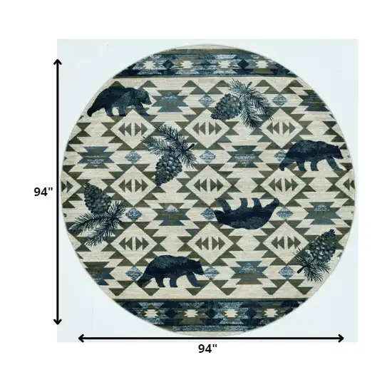 Round Ivory or Blue Geometric Lodge Pattern Indoor Area Rug Photo 2