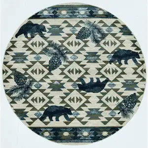 Photo of Round Ivory or Blue Geometric Lodge Pattern Indoor Area Rug