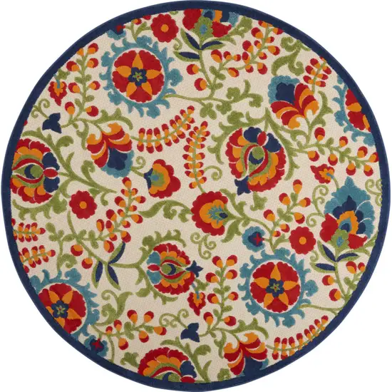 Green And Ivory Round Floral Indoor Outdoor Area Rug Photo 4