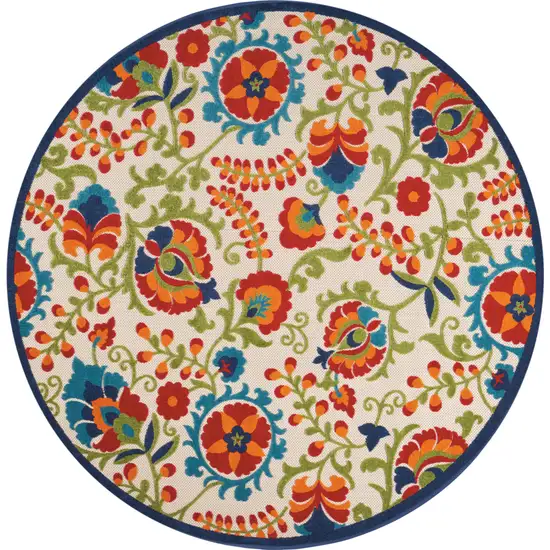 Green And Ivory Round Floral Indoor Outdoor Area Rug Photo 3