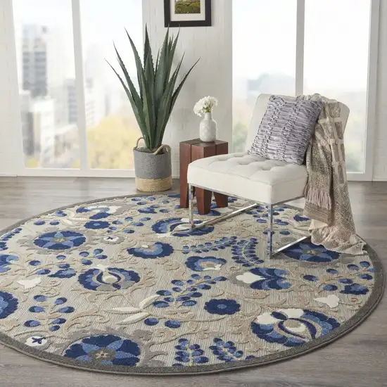 Round Natural and Blue Indoor Outdoor Area Rug Photo 7