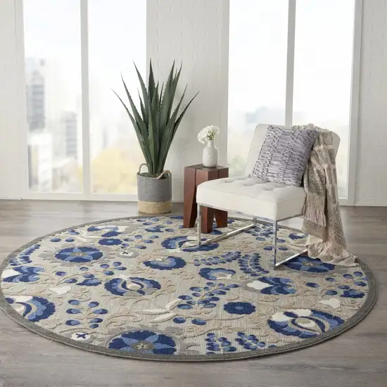 Round Natural and Blue Indoor Outdoor Area Rug Photo 6