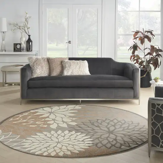 Gray And Ivory Round Floral Indoor Outdoor Area Rug Photo 8