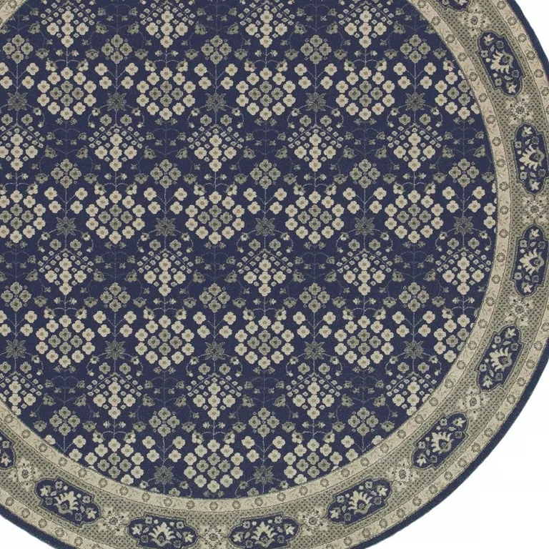 Round Navy and Gray Floral Ditsy Area Rug Photo 3
