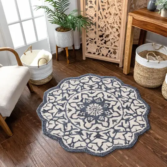 Round Navy and White Decorative Area Rug Photo 8