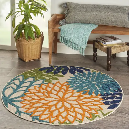 Round Orange Floral Outdoor Area Rug Photo 8