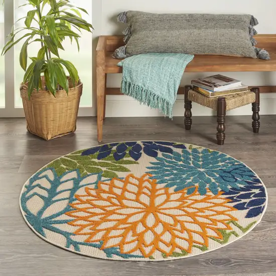 Ivory And Blue Round Floral Indoor Outdoor Area Rug Photo 6