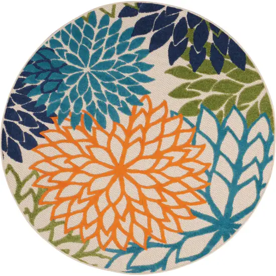 Ivory And Blue Round Floral Indoor Outdoor Area Rug Photo 4